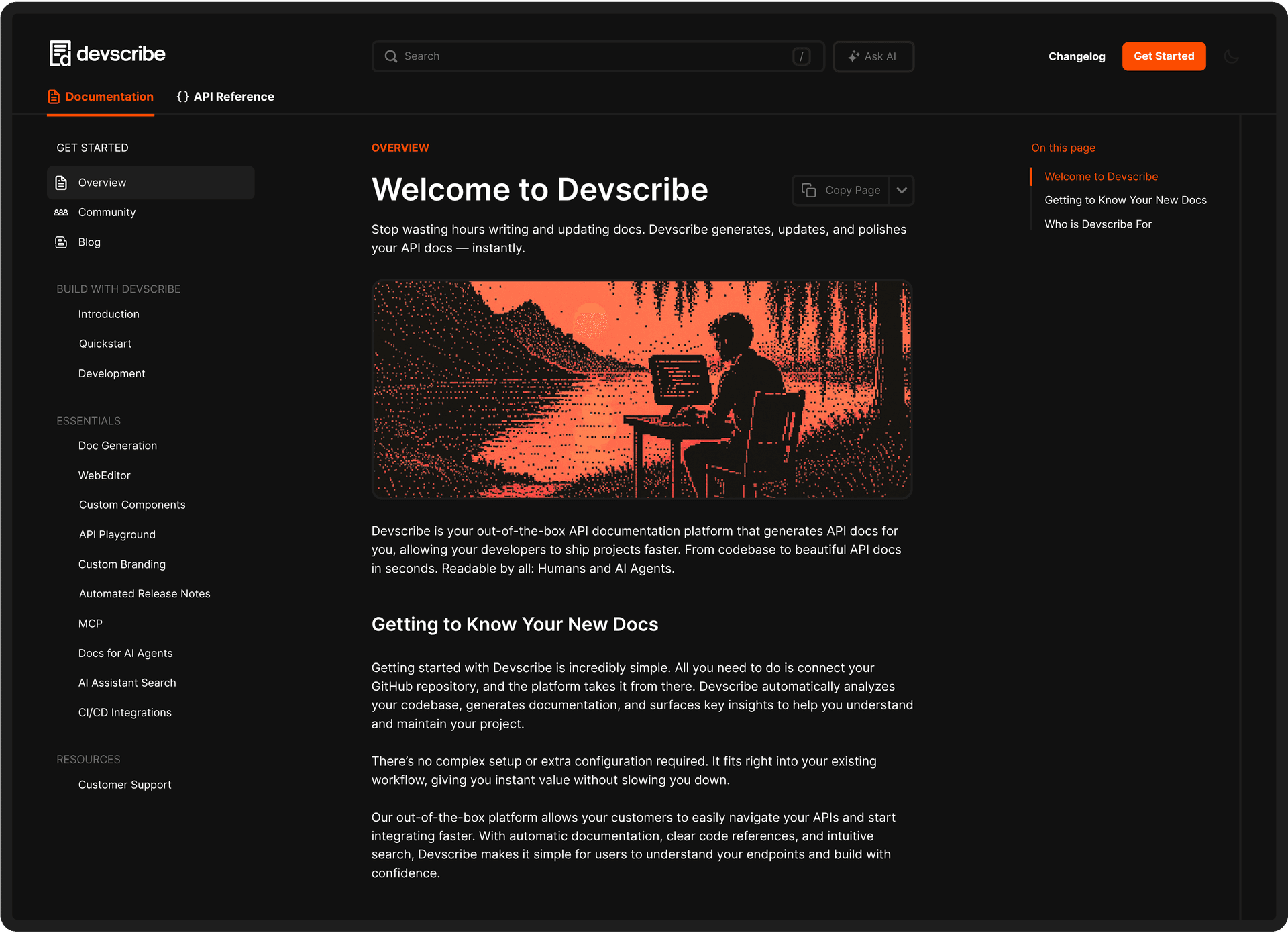 A screenshot of the DevScribe documentation user interface, showing the main content area with a welcome message and navigation sidebar.